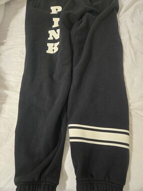PINK Victoria's Secret Black Sweatpants with White Logo and Stripe